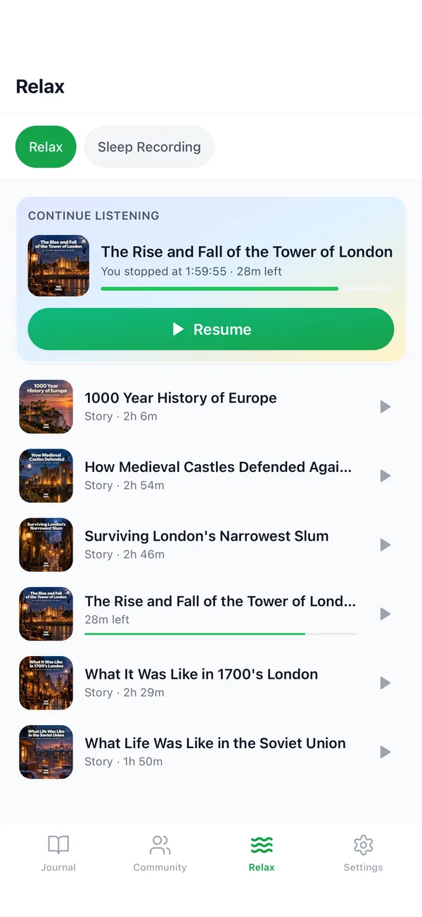 The Relax tab in SleepHacker, showing a list of bedtime stories and a Continue Listening card