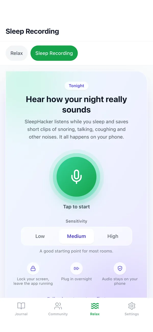 The Sleep Recording screen in SleepHacker, with a tap to start button and sensitivity settings